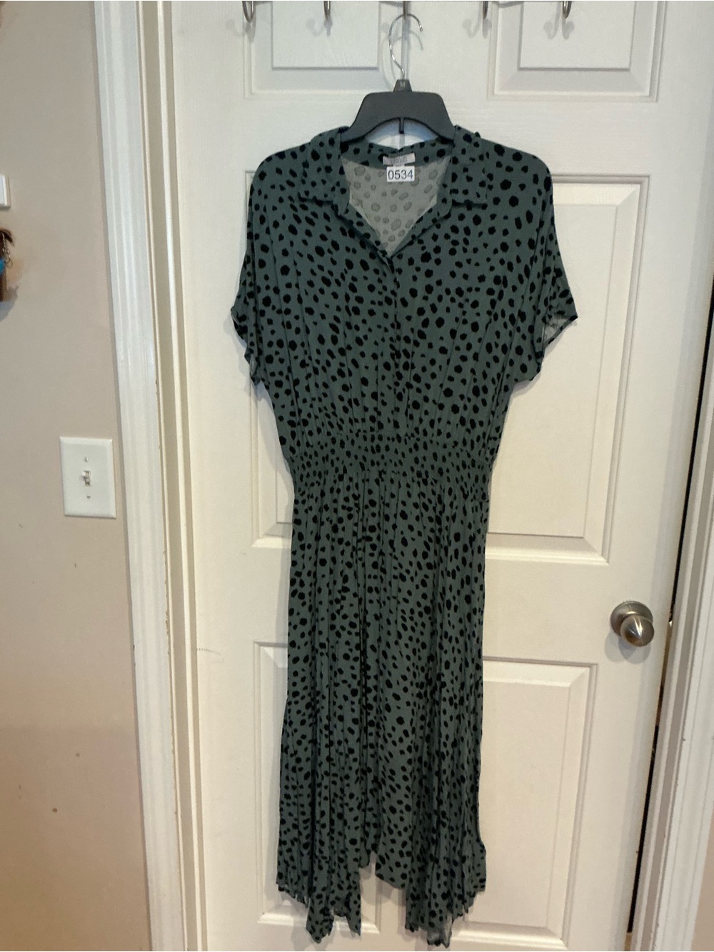 Collared Sage Green Midi Dress with Black Spot Print